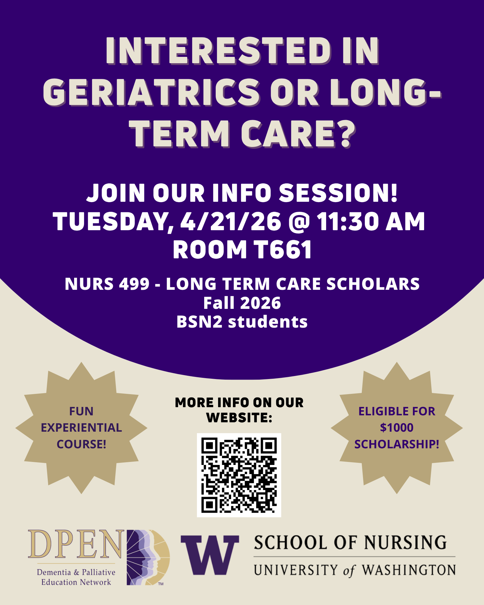 Flyer for NURS 499 Long-Term Care Scholars info session on Tuesday, April 21, 2026